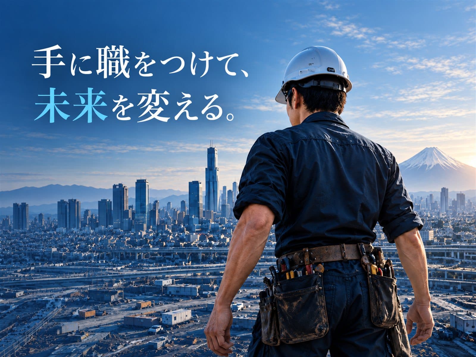 都市を見渡す建設職人と、手に職をつけて未来を変えるというメッセージ